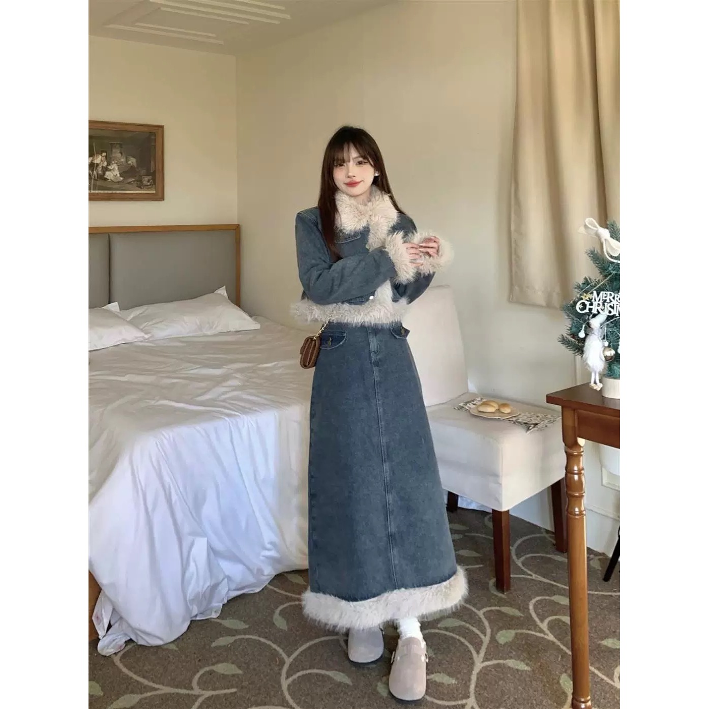 胖花推荐冬新款小香风毛牛仔女复古甜辣夹棉加厚外套+半身裙8786