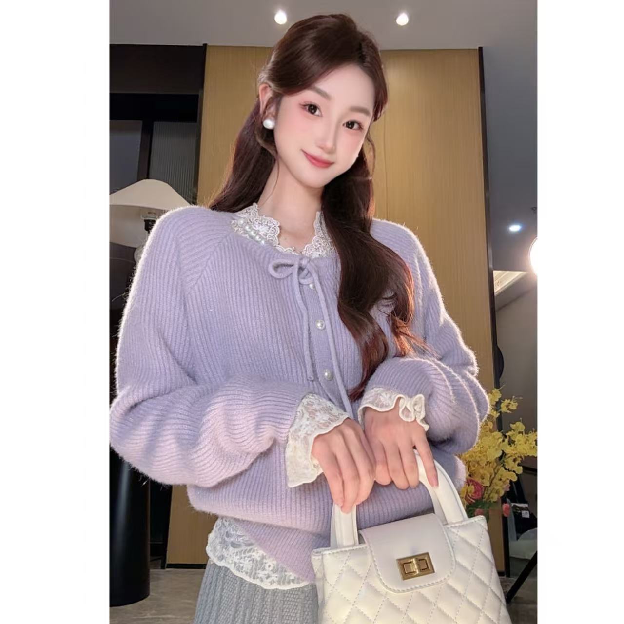 不起球 甜美温柔风系带珍珠扣水毛毛针织开衫女法式毛衣外套