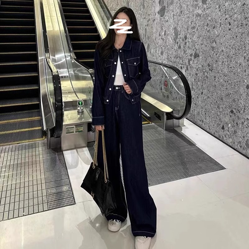 欧货高端复古时尚套装女春秋时尚洋气牛仔外套阔腿裤两件套潮
