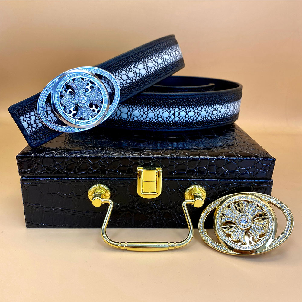 【珍珠鱼纹牛皮腰带】新款男士皮带真皮时来运转平滑扣时尚百搭裤带