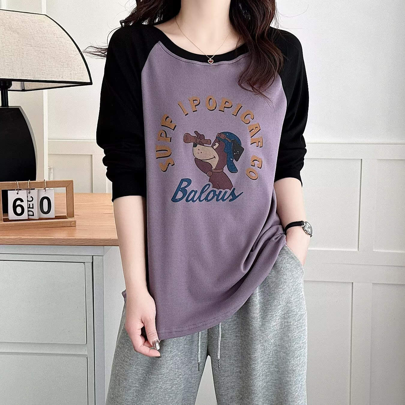 春秋季新款长袖打底衫女大码上衣胖mm宽松显瘦休闲遮肚子圆领T恤