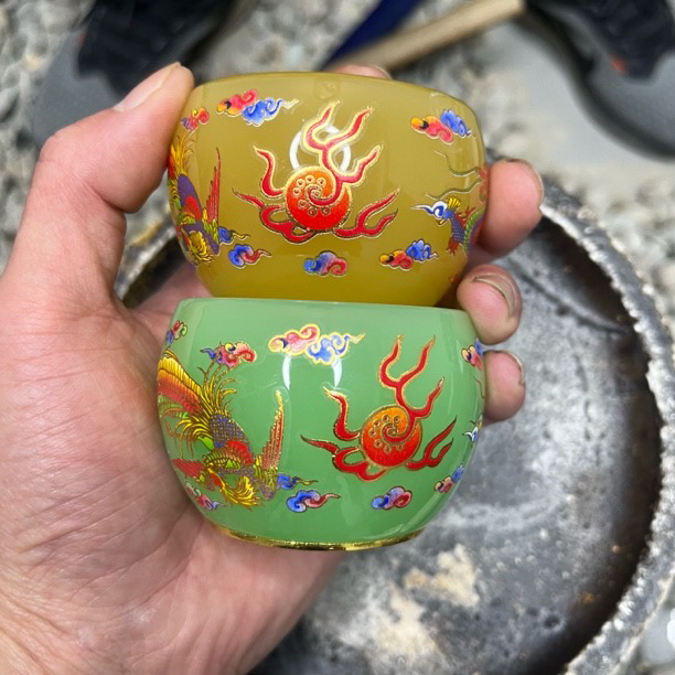 龙凤戏珠 黄绿琉璃对杯 茶杯主人杯 品茗杯客杯