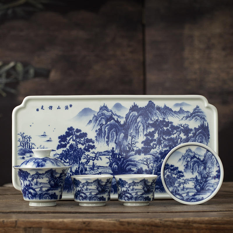 景德镇釉下彩复古青花山水盖碗茶杯高档功夫茶具陶瓷茶器干泡盘