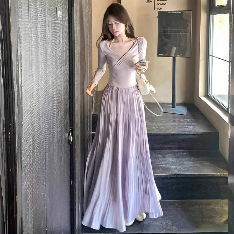 韩系褶皱半身裙春夏紫色a字蛋糕裙温柔风长裙设计感大摆中长裙子