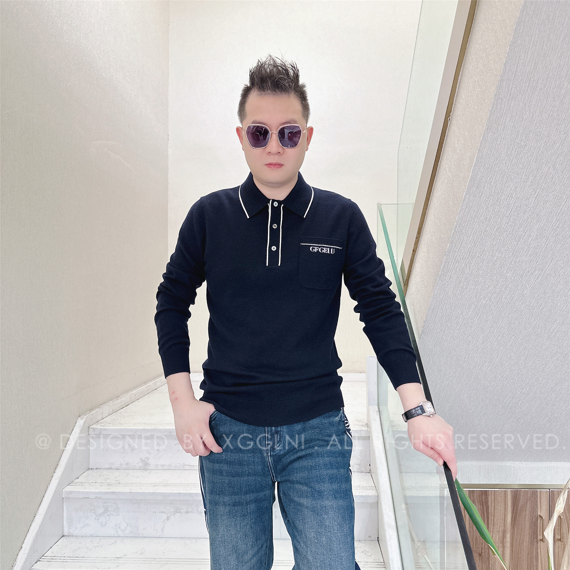 秋冬款GF拼接口袋上白字毛衣高端奢侈品休闲保暖男士长袖羊毛衫