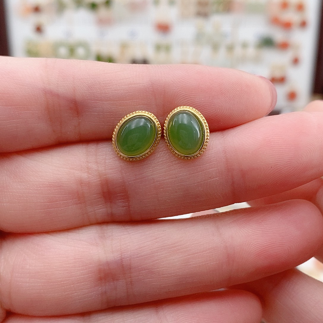 和田玉银S925镶嵌耳饰