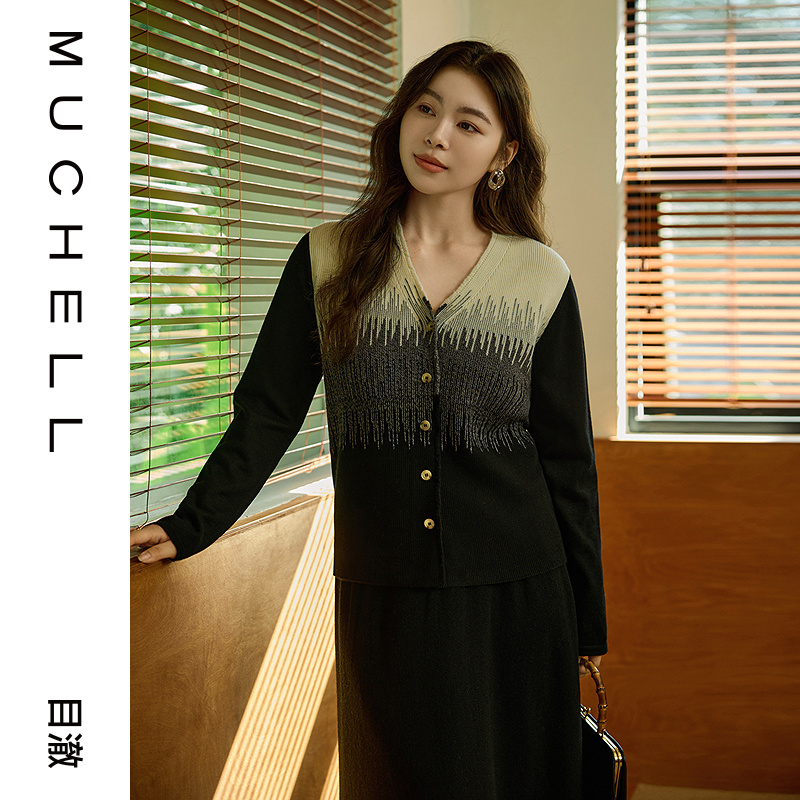 目澈MUCHELL春新款【雾里看花】国风渐变大码针织开衫MDS1UD3033