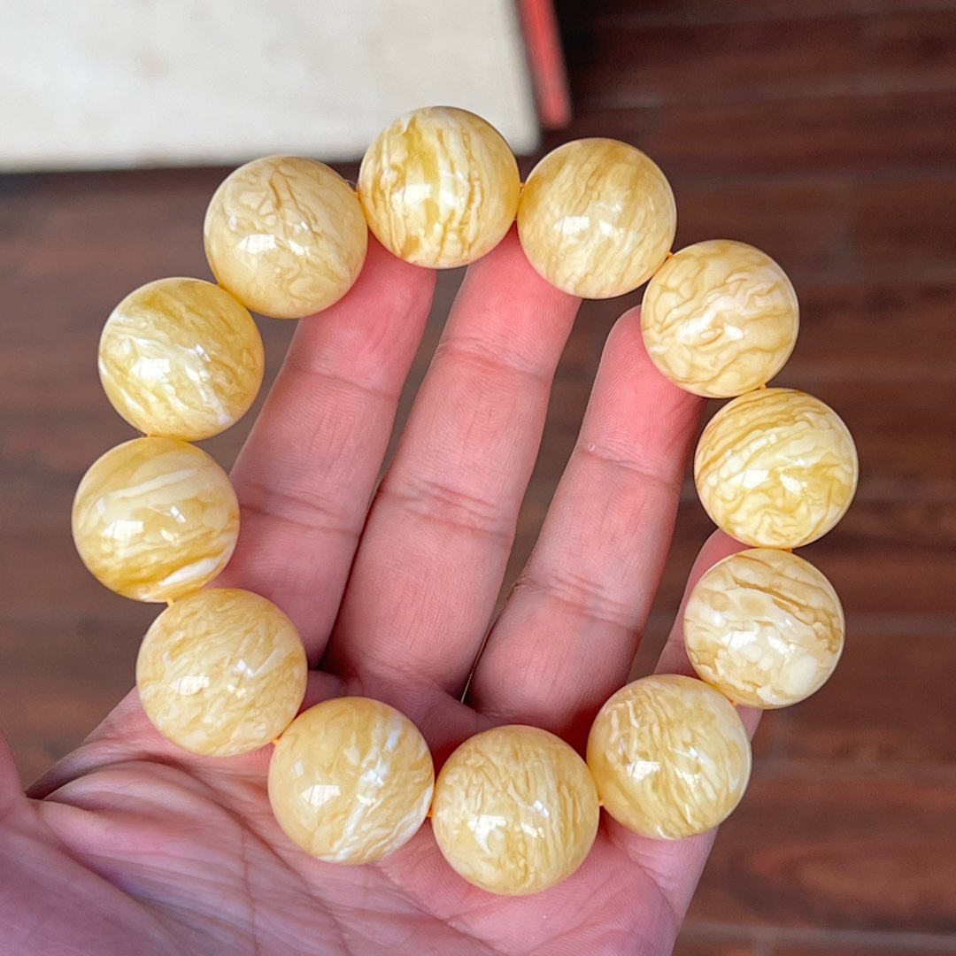 21mm+天然精品高货虎皮纹千层雪妖花俄罗斯蜜蜡手串#64.7