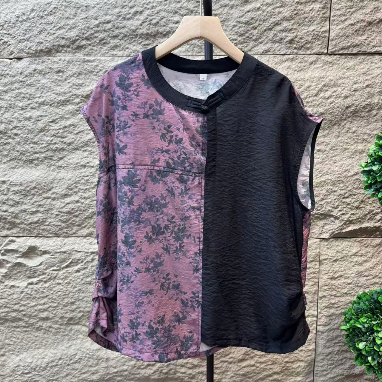 9529新款夏季文艺复古圆领盘扣撞色拼接碎花T恤小衫QZ