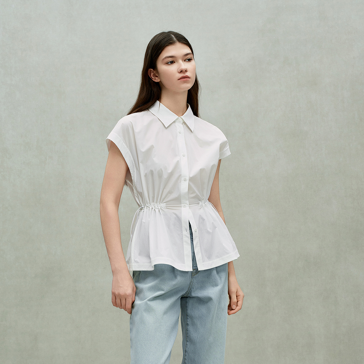 0555[赵老板专属]欧时力抽绳防晒短袖衬衫上衣宽松气质通勤25夏新