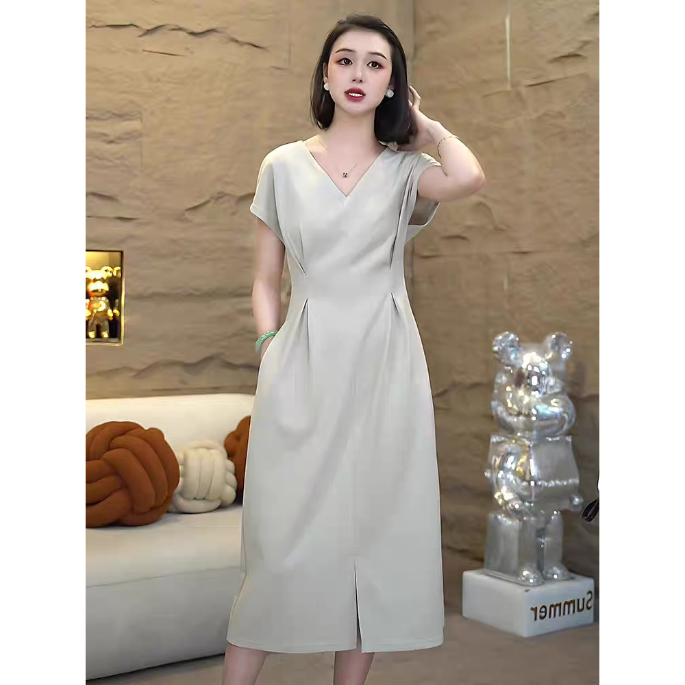 长款拉链夏季优雅清凉A字裙长裙连衣裙轻熟夏季V领显瘦气质轻奢