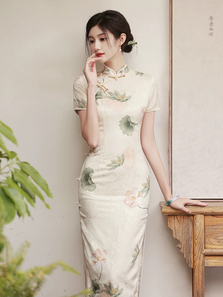 755-经典荷花提花旗袍