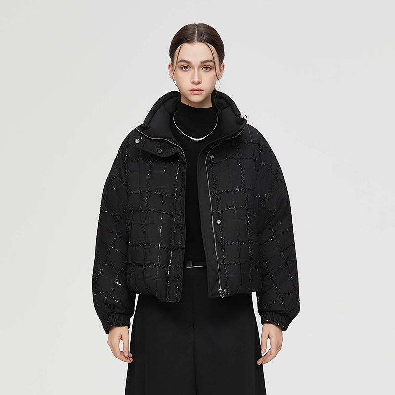 sdeer圣迪奥女装25年新品时尚立领格纹宽松羽绒服S25463108