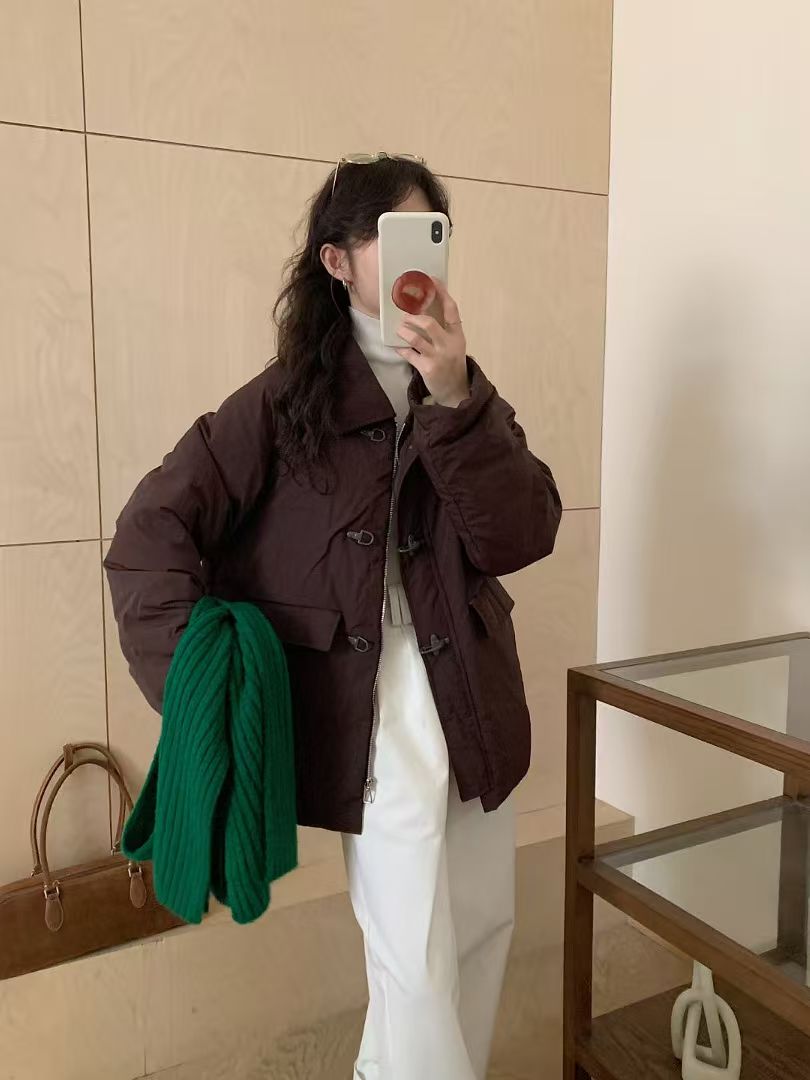 SLOFA设计师合作款90白鸭绒小方领拼接牛角扣保暖日系羽绒服