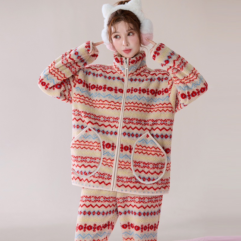 【费尔岛莎粒绒】秋冬天女士可外穿法兰绒费尔岛睡衣暖绒保暖家居服