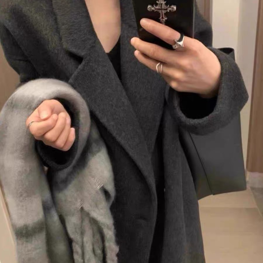 黑灰色双面羊毛呢大衣高级感慵懒风毛呢外套简约百搭