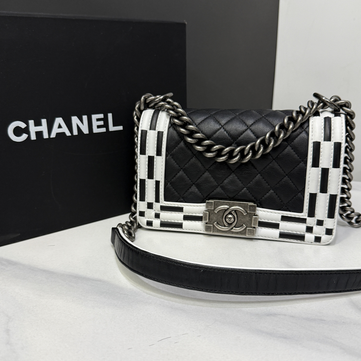 95新 Chanel/香奈儿 马赛克拼色Leboy链条包19开20cm/0095121914