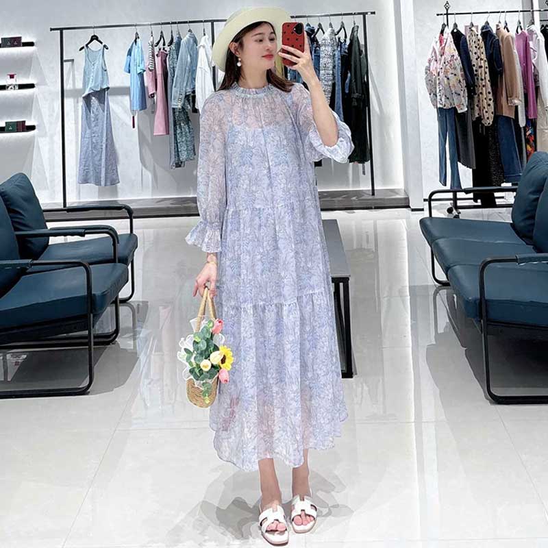 【商场同款】女装夏季法式浪漫木耳领泡泡袖印花连衣裙两件套150008