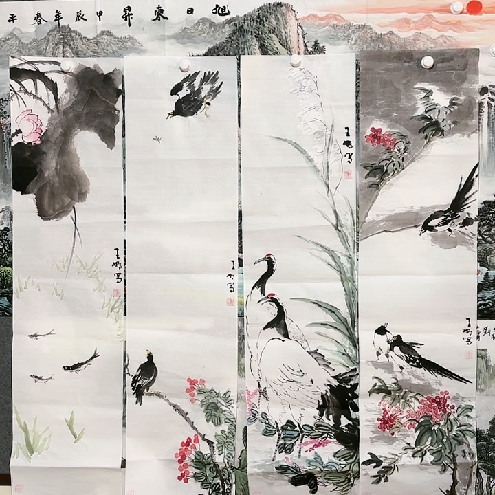 国画王娜四条手绘花鸟