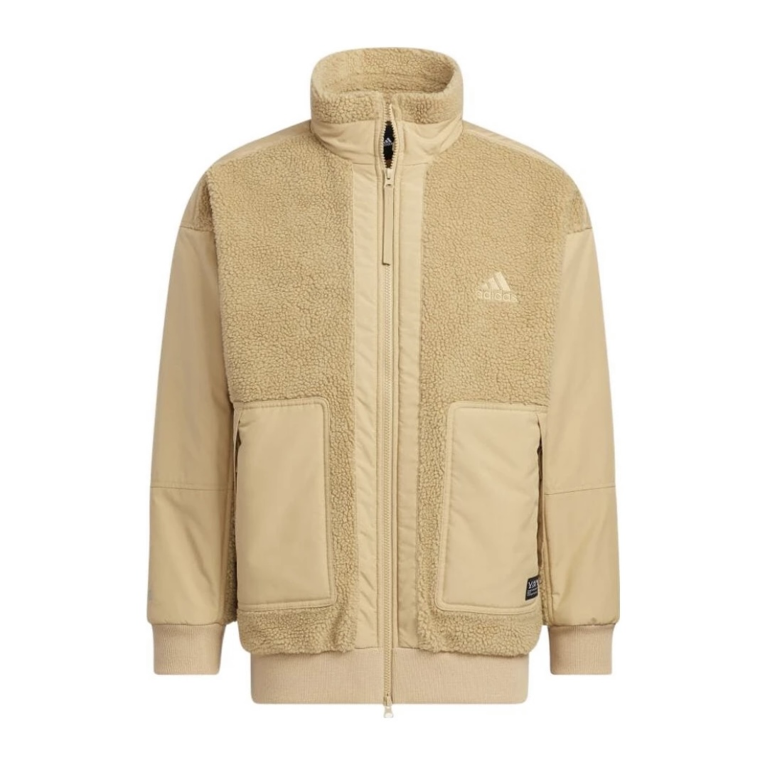 adidas 运动加拼接厚保暖仿羊羔绒立领夹克 卡其色男女同款HP1391