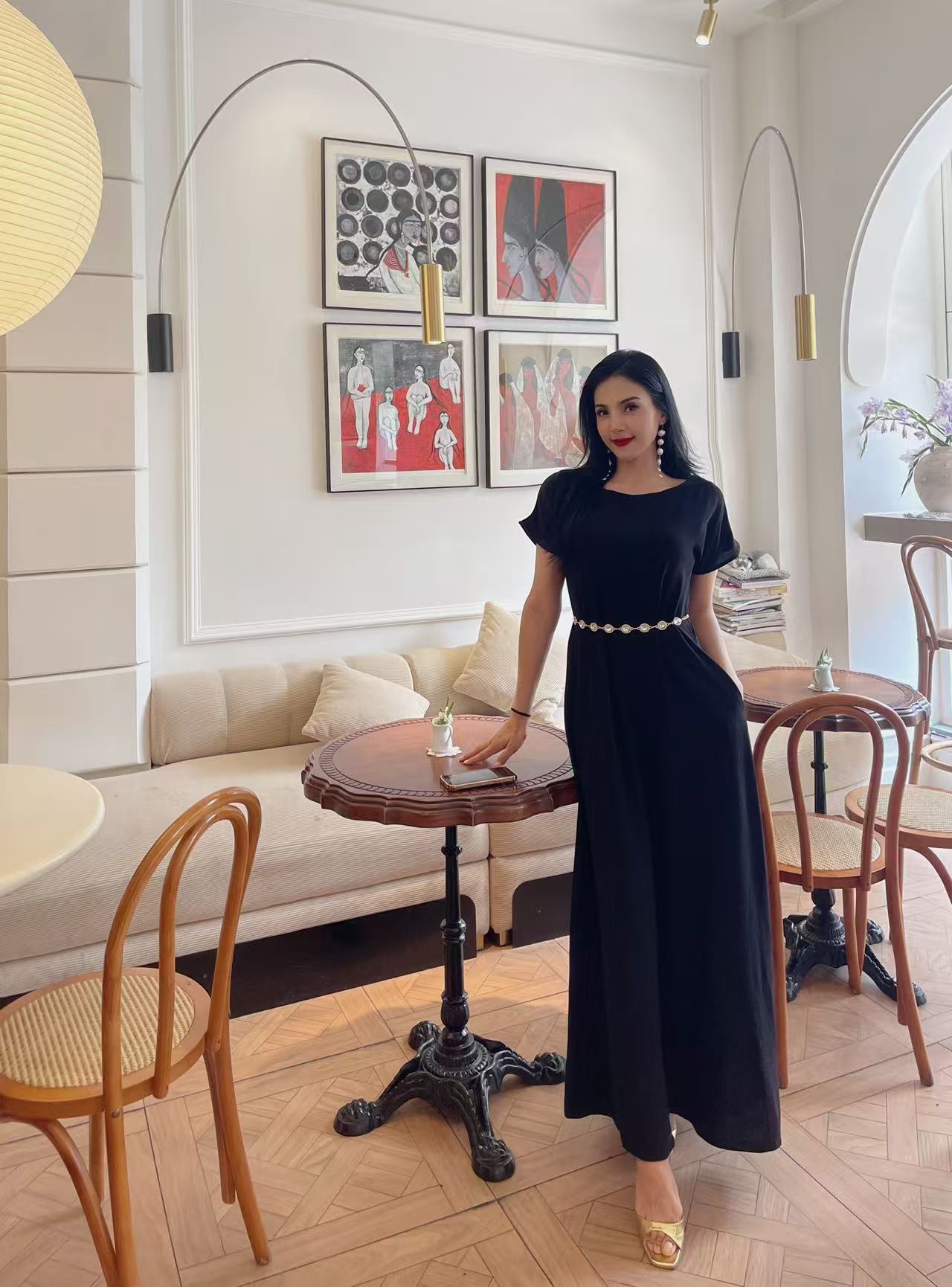 夏季不规则裙A字裙背带款连衣裙黑色泡泡袖时尚长款