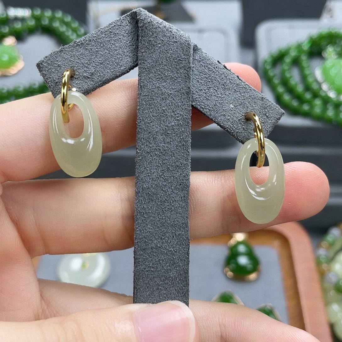 和田玉银S925镀金镶嵌耳饰