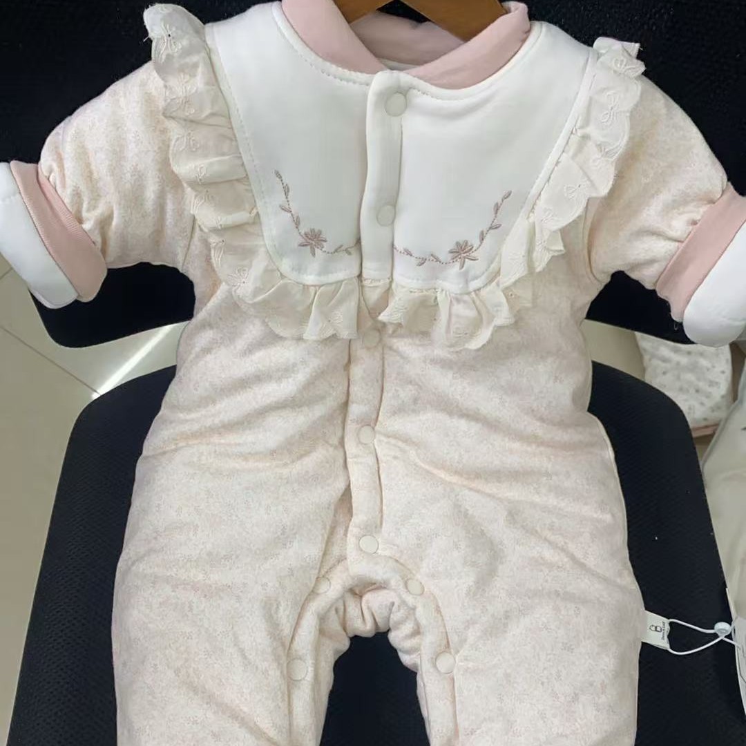 新款冬季450克水洗棉花加厚宝宝连体衣保暖夹棉婴儿包脚爬服