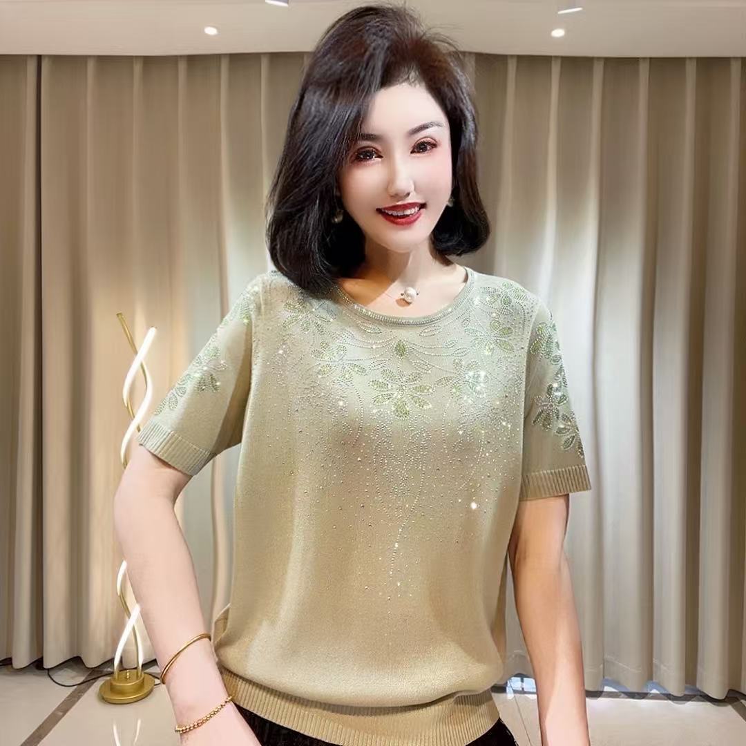 869588夏季新款时尚百搭洋气宽松显瘦短袖圆领重工艺爆款针织美衫