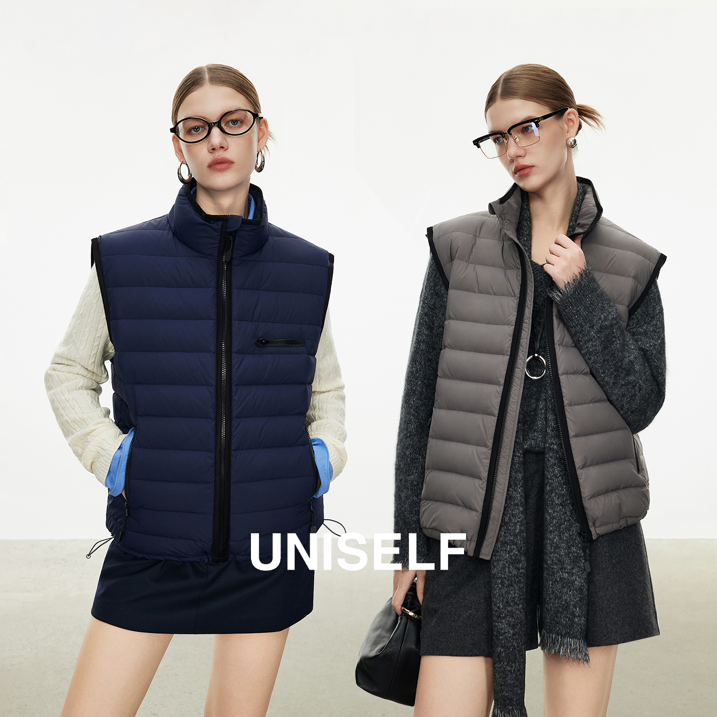 UNISELF时尚立领轻量排骨羽绒服背心2025冬季新款鹅绒马甲101502