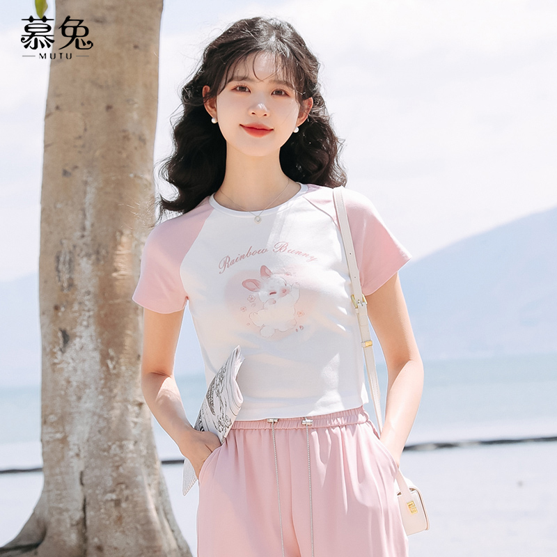 慕兔韩版修身显瘦短袖t恤女2024夏季新款设计感小众短款辣妹上衣