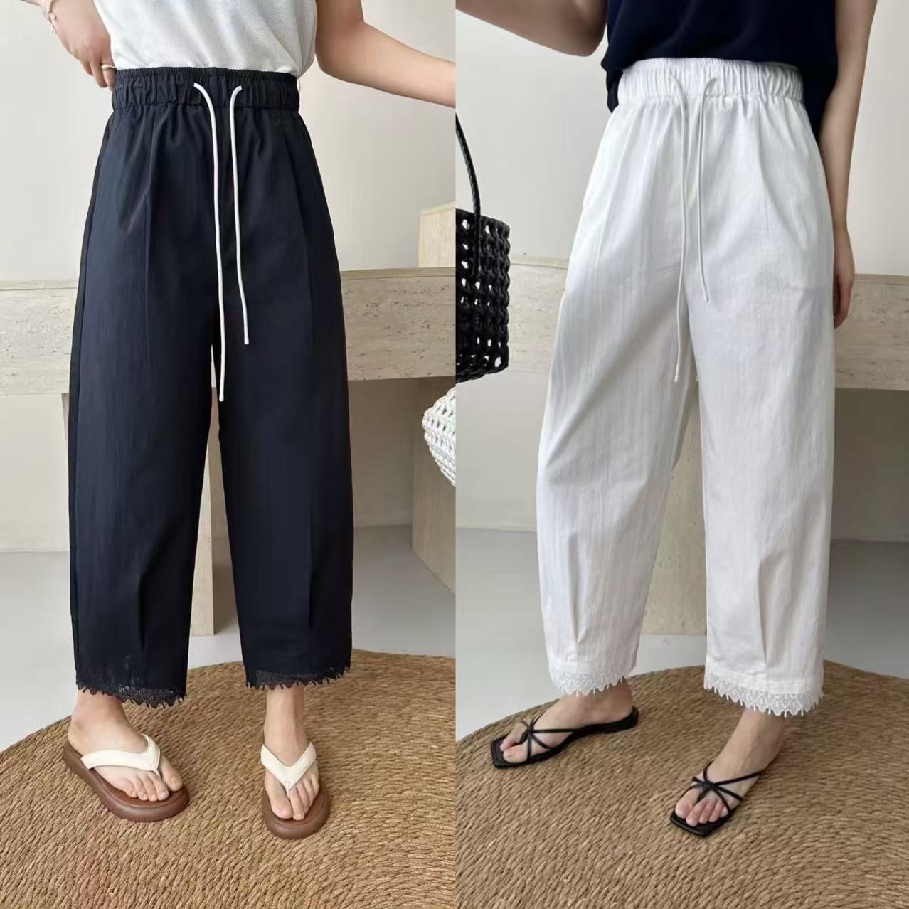 东大门精选2925欧货脚口拼蕾丝花边九分气球云朵裤休闲百搭