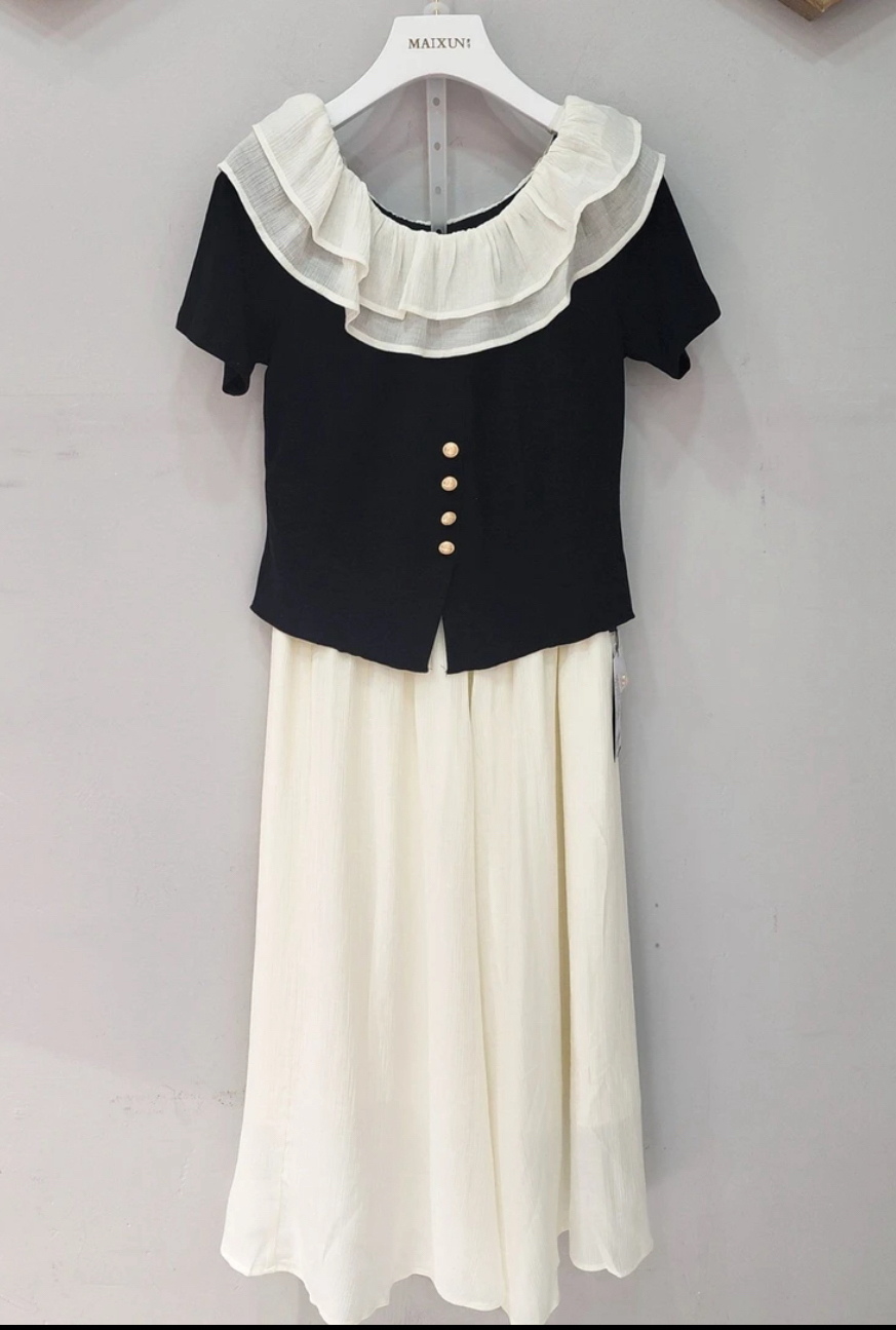 夏季新款荷叶边一字肩短袖上衣搭配高腰松紧腰半裙时尚女装