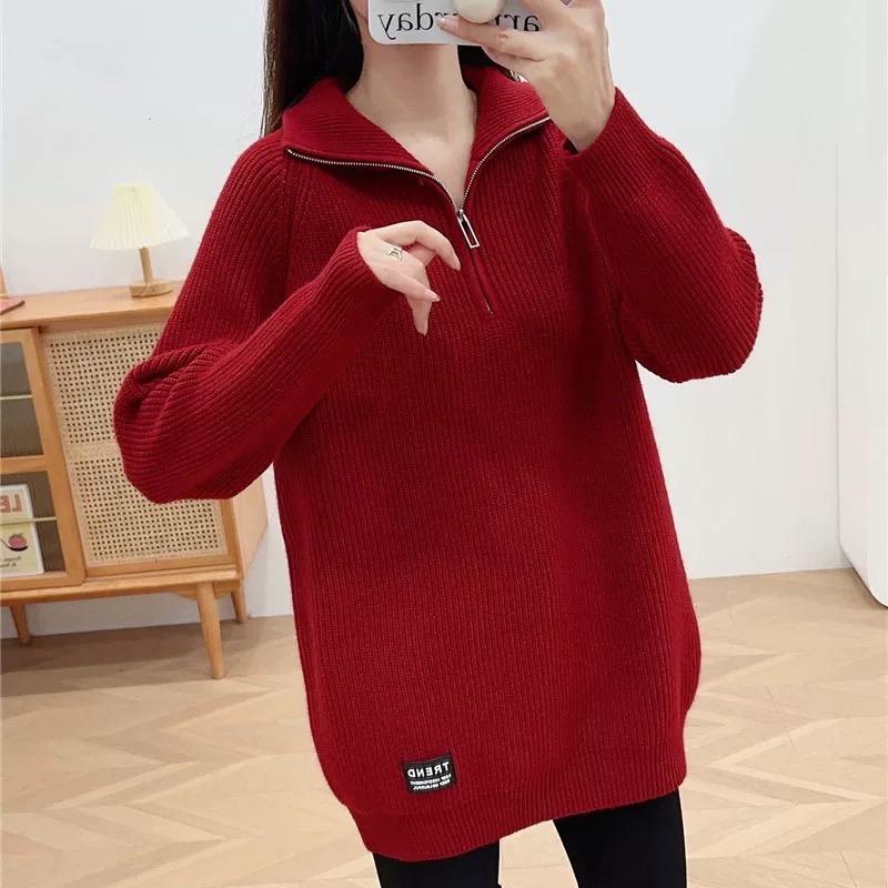 中长款高领毛衣女套头冬纯色简约宽松休闲拉链翻领上衣打底外穿厚