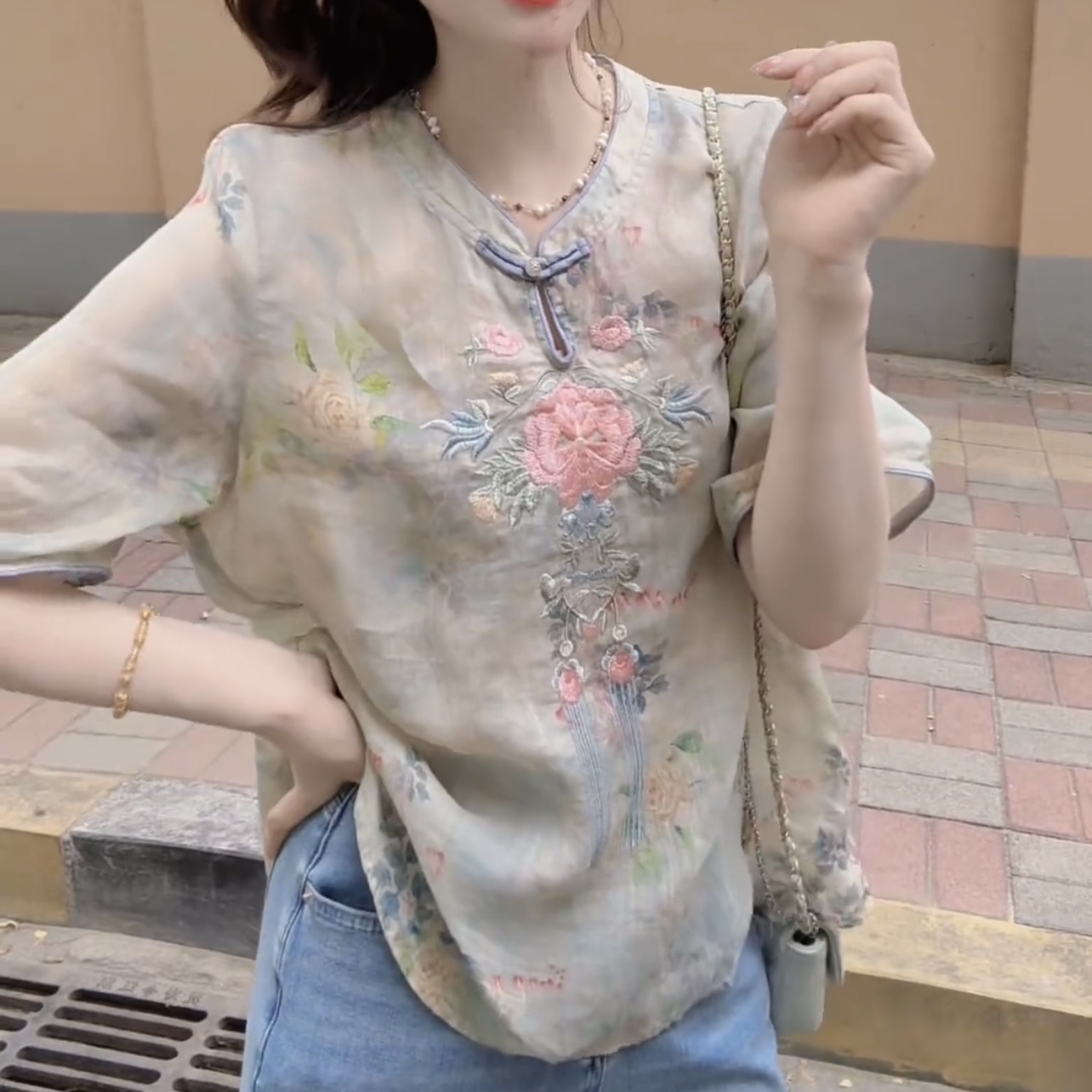 绣花盘扣气质显瘦时尚减龄宽松夏季国风新中式女士T恤上衣