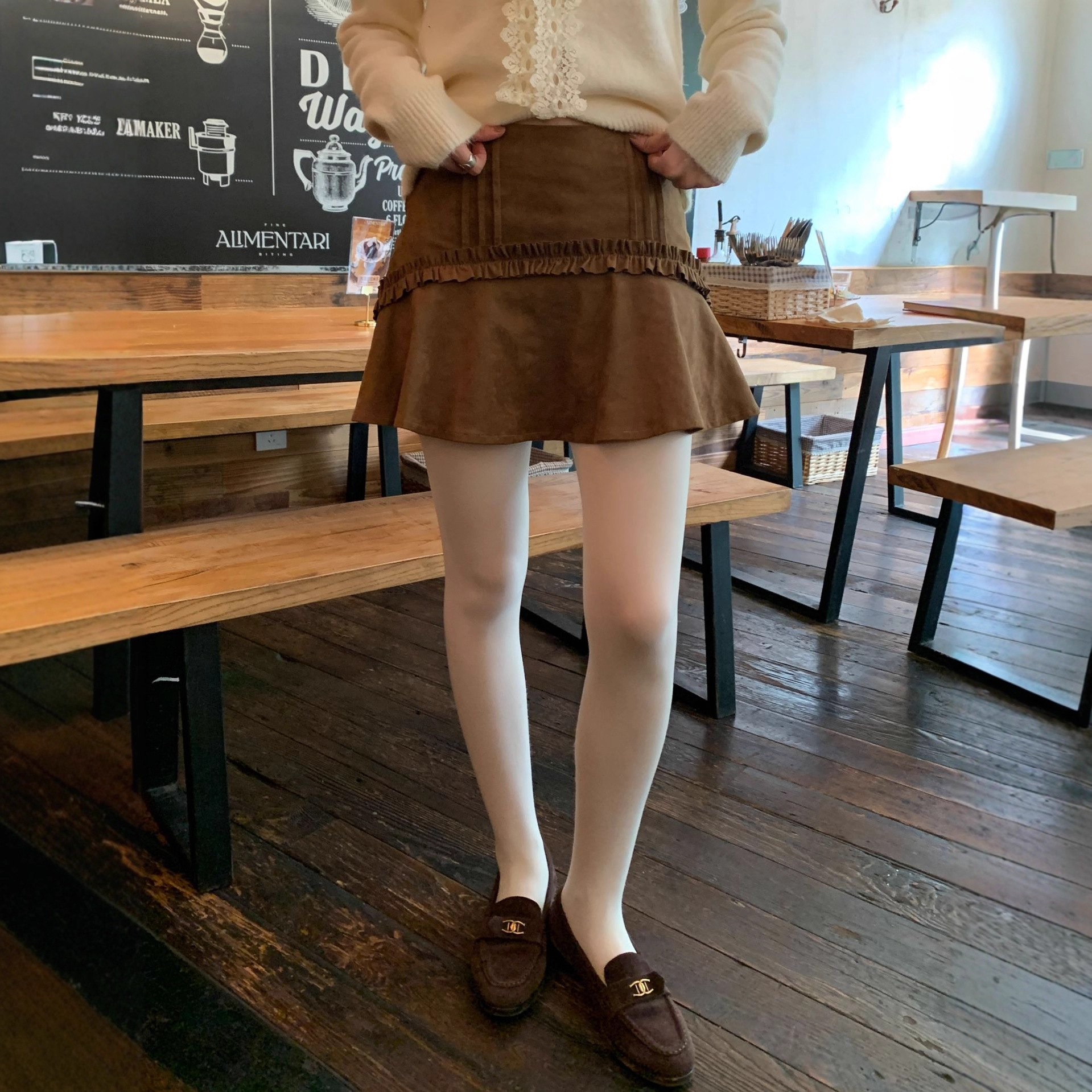 【诠释】NEWOPEN25冬法式芭蕾风麂皮绒甜美蓬蓬木耳百褶短裙F7029