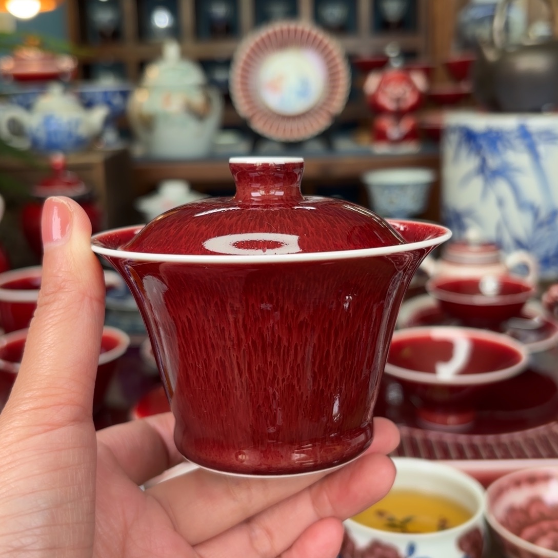 闻轩坊原矿郎红 二才盖碗