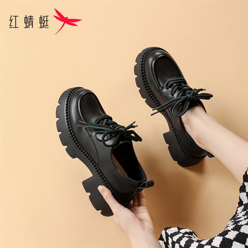 红蜻蜓秋季时尚系带厚底单鞋乐福小皮鞋时尚休闲款女鞋气质百搭
