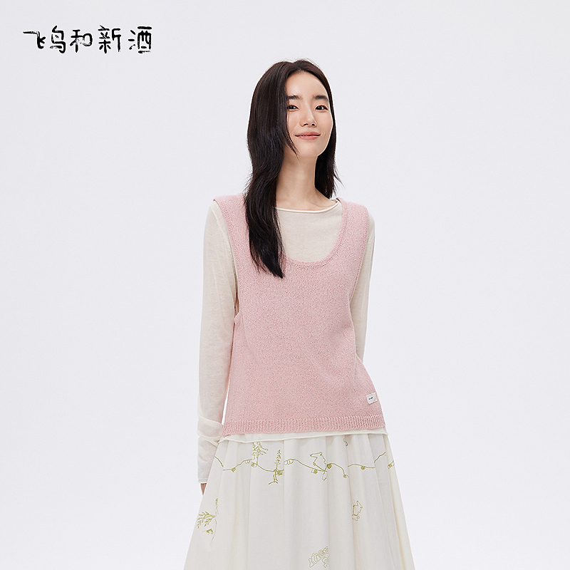 【琳琳】飞鸟和新酒设计感粉色假两件套亚麻针织衫FD55034014