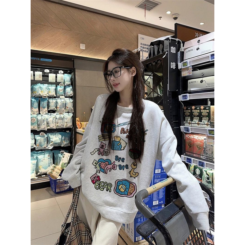 【ZHAP】重磅银狐绒百搭2025新款圆领卫衣女花灰色爆款加绒加厚春秋