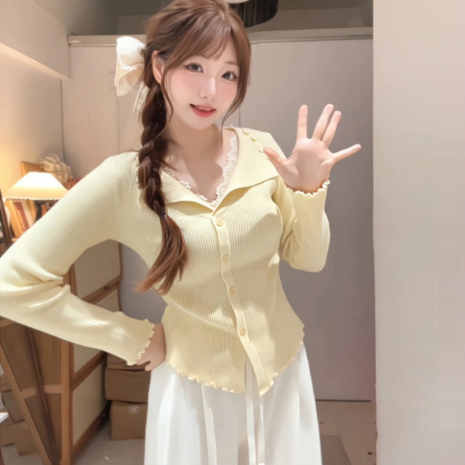 【9334】胖mmV领蕾丝拼接针织打底衫女秋冬季毛衣显瘦高级感上衣
