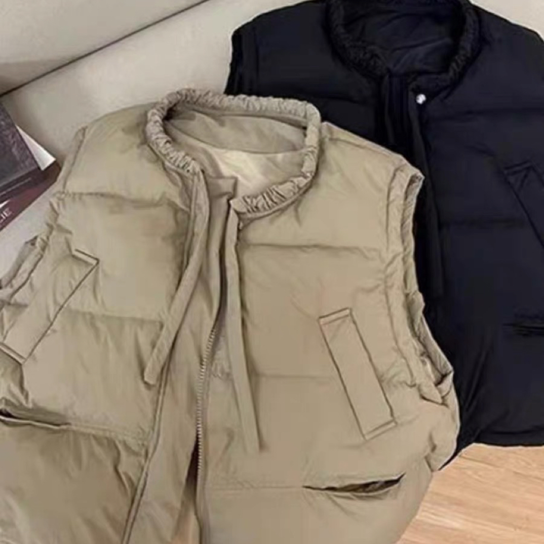 CHAO火推荐！黑色圆领系带羽绒马甲女冬季新款坎肩背心马夹羽绒服