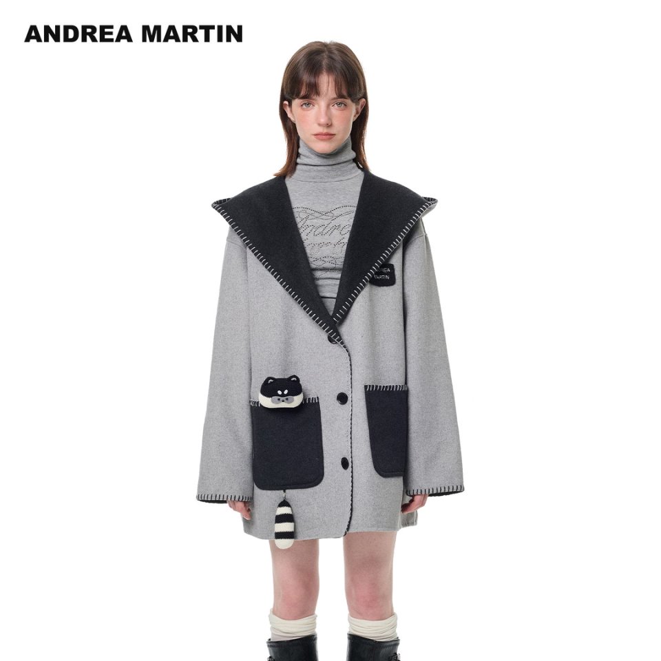 Andrea Martin25秋冬新款小浣熊双面呢连帽大衣女中长宽松外套