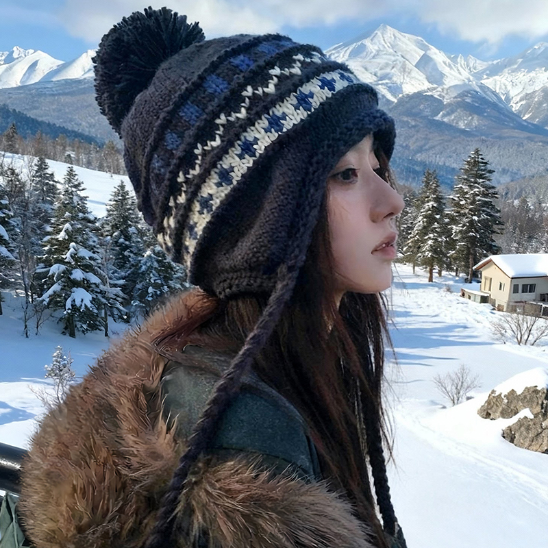费尔岛针织毛线帽女秋冬加绒加厚保暖帽子东北防寒护耳雷锋帽