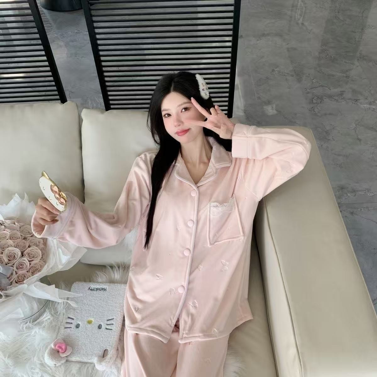 (H)长袖新款家居服甜美女装睡衣套装加绒加厚秋冬季保暖居家服