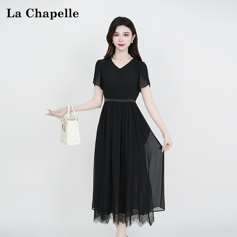 La Chapelle/拉夏贝尔夏季法式蕾丝设计感黑色显瘦松紧腰连衣裙