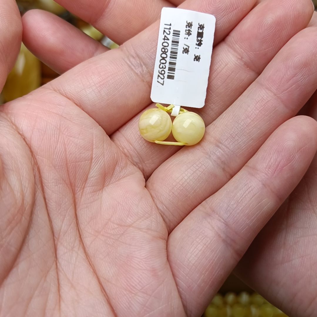 蜜蜡裸石未镶嵌杰***?9圆珠对珠