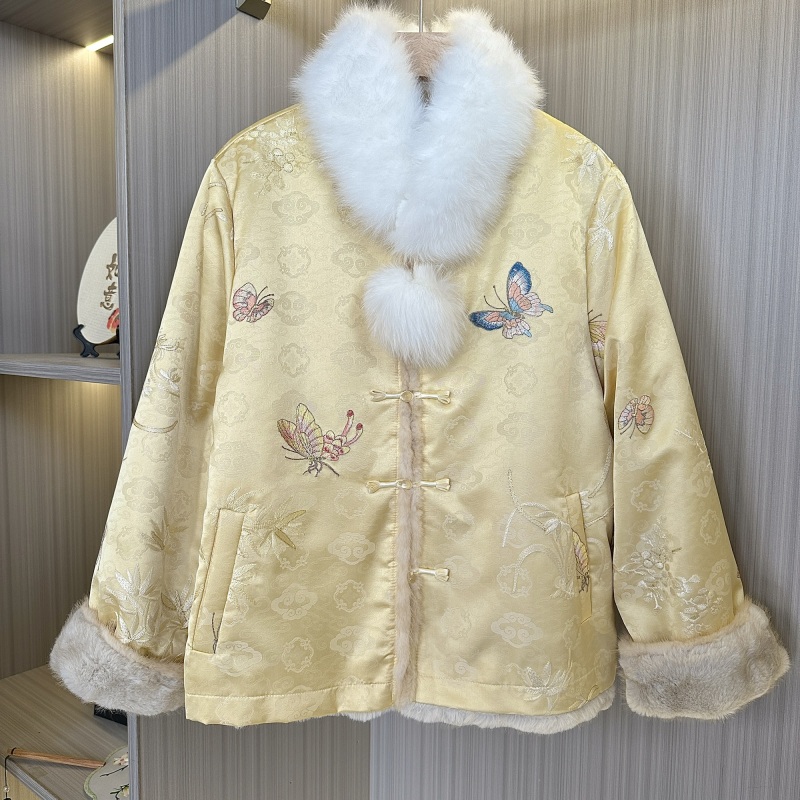 （暮雪加厚）新中式国风重工刺绣水貂盘扣加绒外套保暖两面穿外套