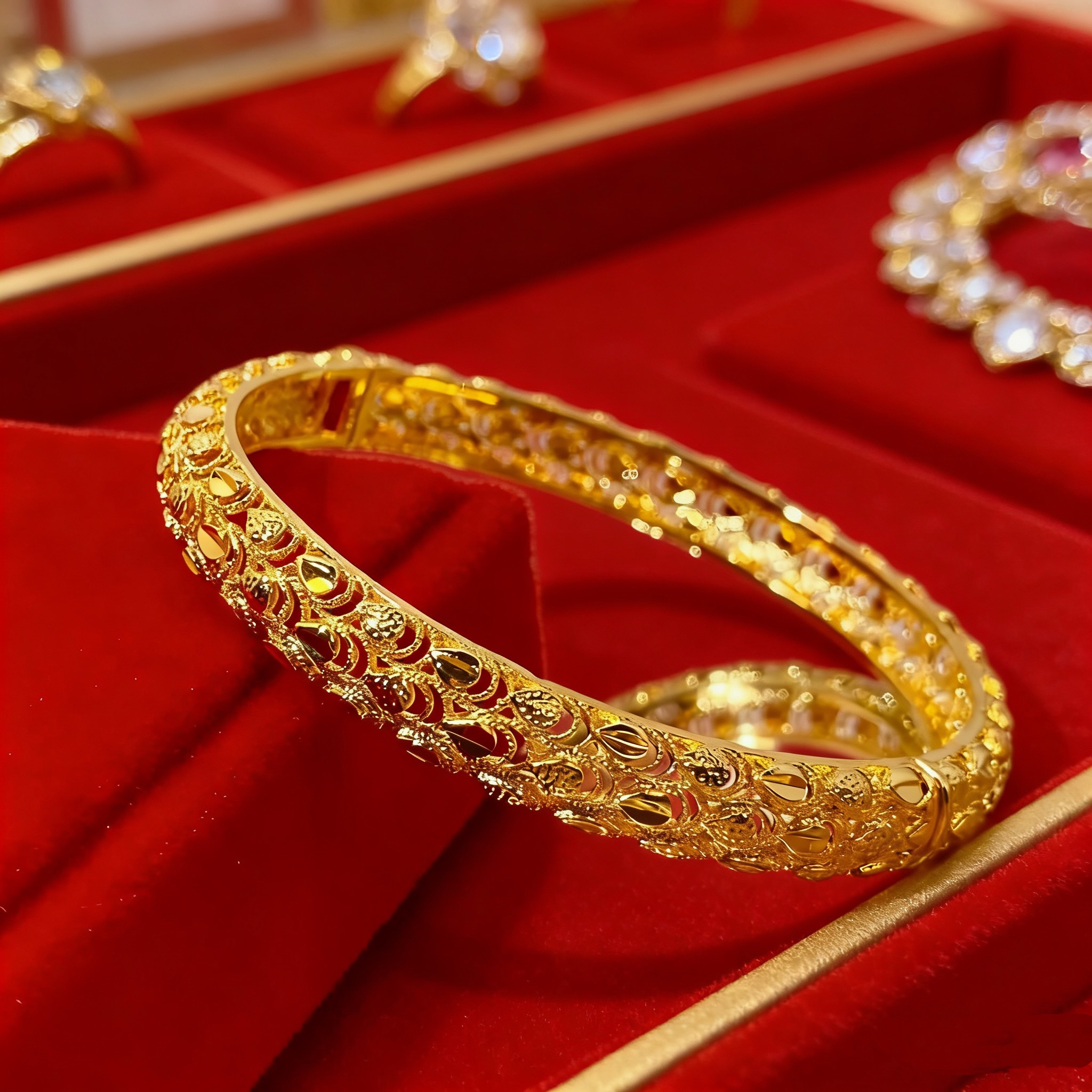 铜合金手镯 【古法凤尾镂空手镯】卡扣女款时尚百搭金色镯子