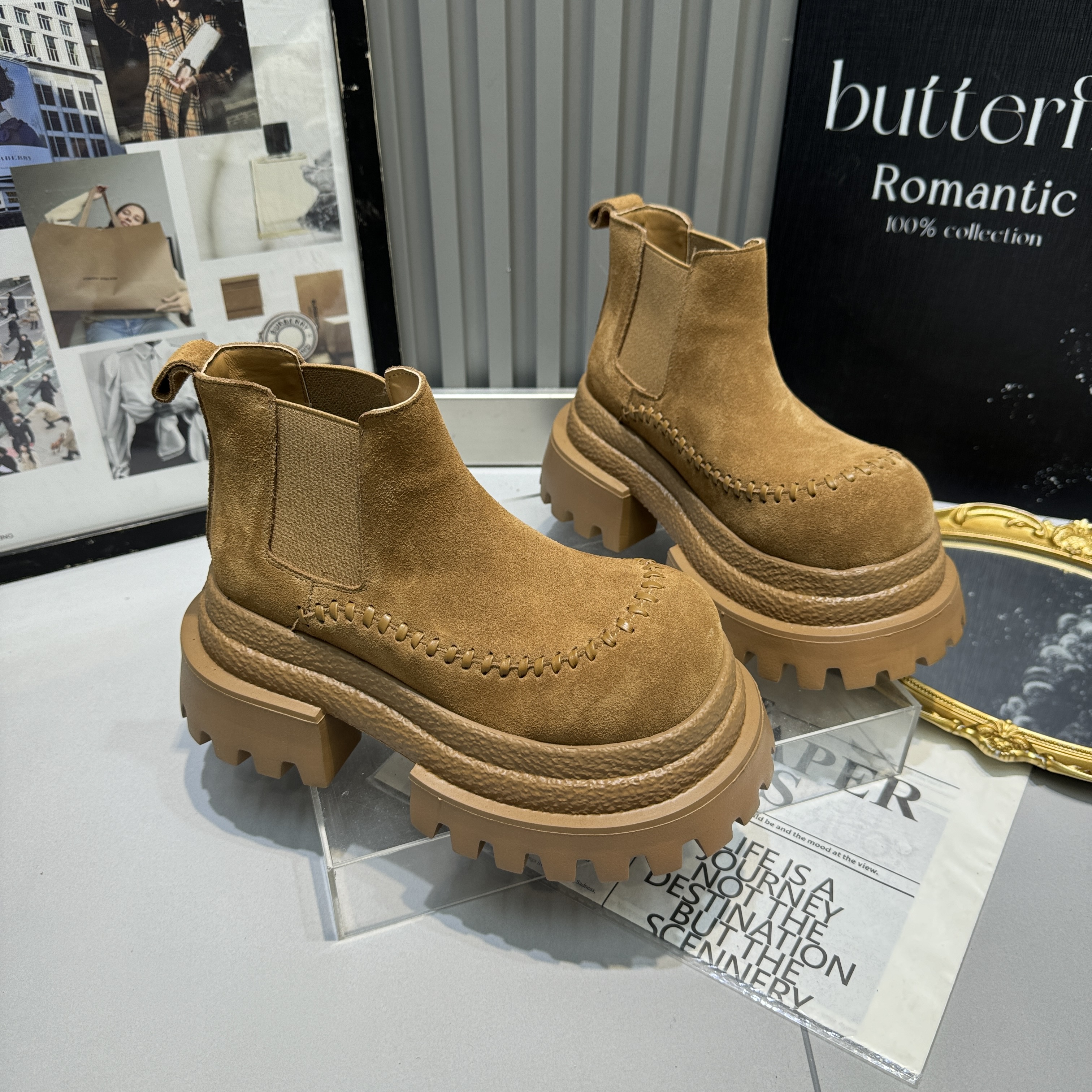 新款复古磨砂加绒短筒靴松糕厚底大棉小个子增高显瘦靴保暖马丁靴