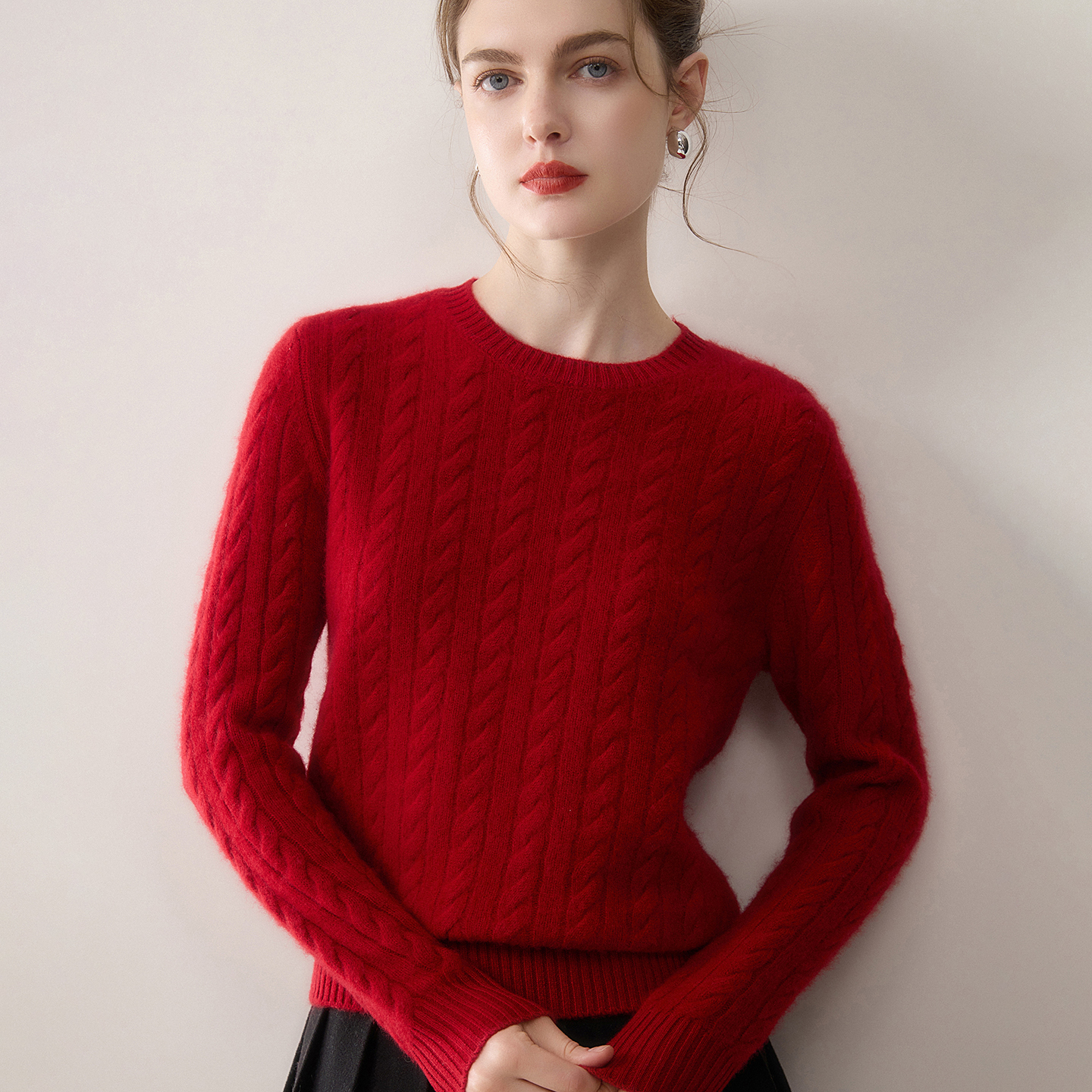 100%纯山羊绒衫圆领麻花女士双股加厚套头毛衣保暖百搭针织打底衫